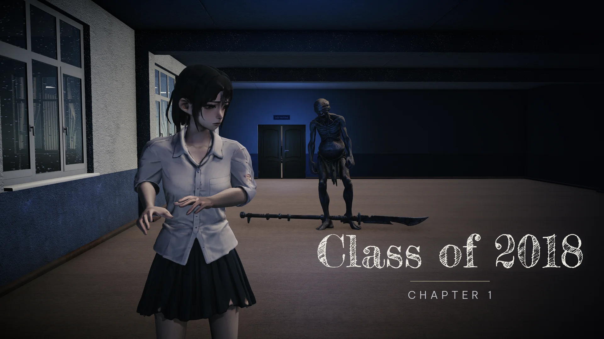 Class of 2018, Chapter 1: Vy in a dark school corridor, a gaunt figure with a long blade behind her