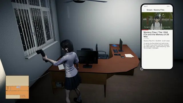 Vy reading her phone in the office